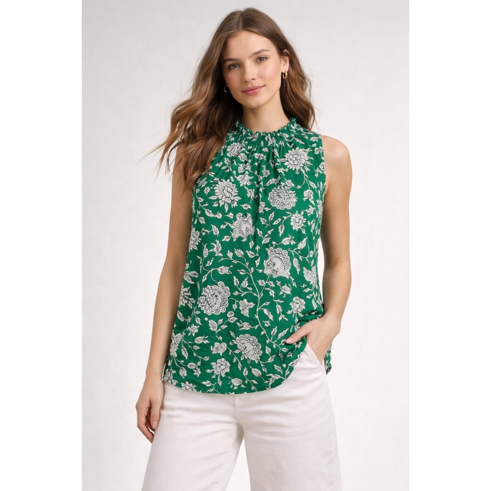 J. Crew Green Floral Ruffle Neck Sleeveless Top Women's XS Made in India